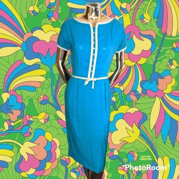 Vintage Helen Whiting 60s Robin's Egg Blue Pencil Career Dress - Picture 1 of 6